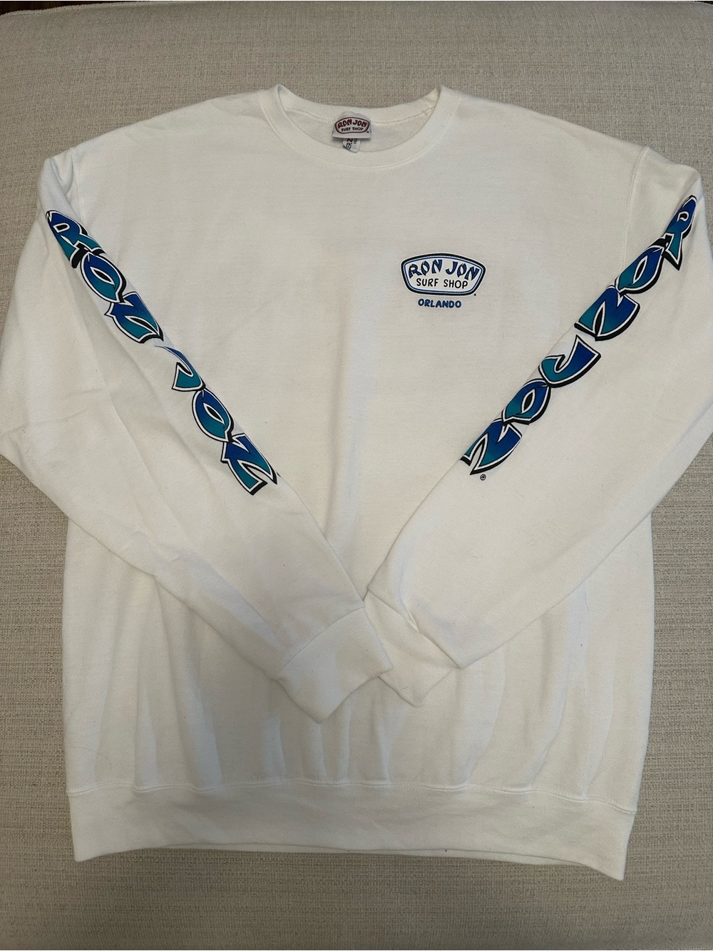 Ron Jon White Crewneck with Blue Sleeve Graphics